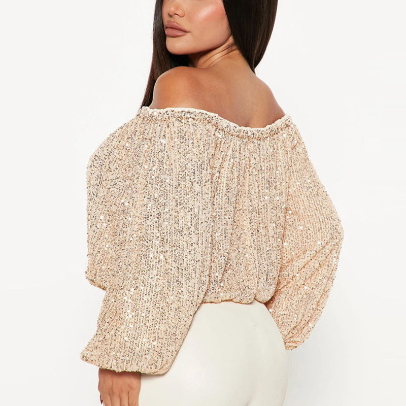 Sequins Off Shoulder Lantern Sleeve Crop Top