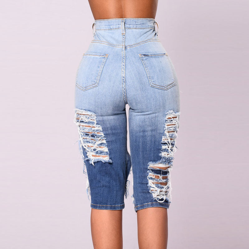 Solid High Waist Cut Out Fringe Hem Denim Shorts