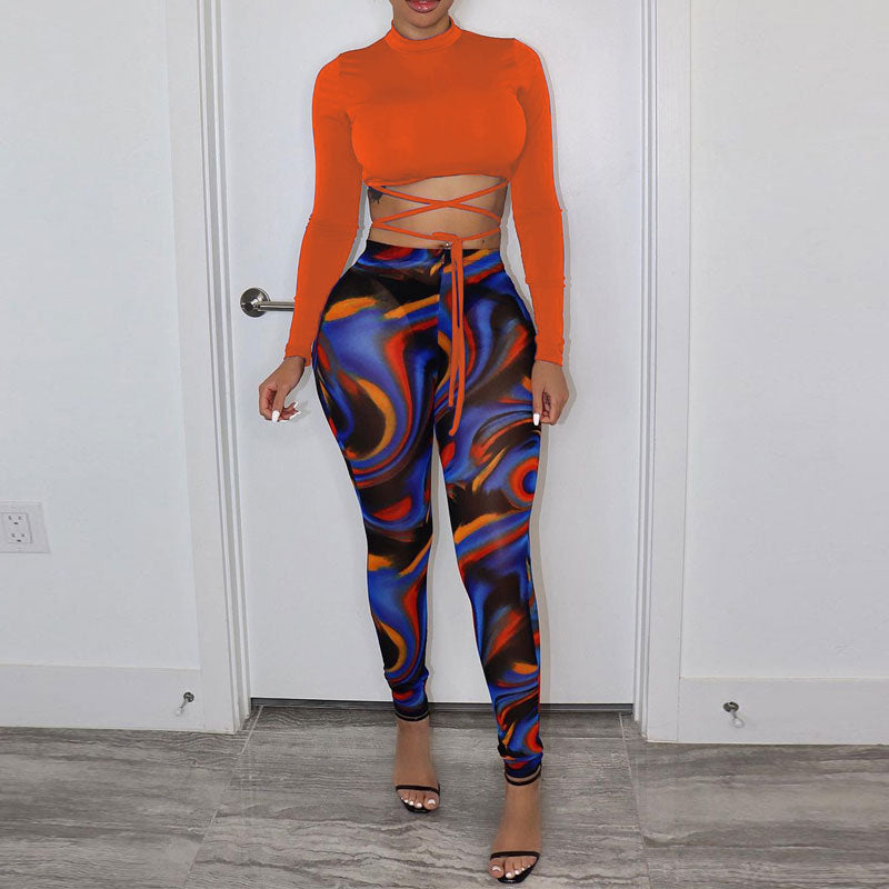 Solid Long Sleeve Bandage Top & Print Leggings Set