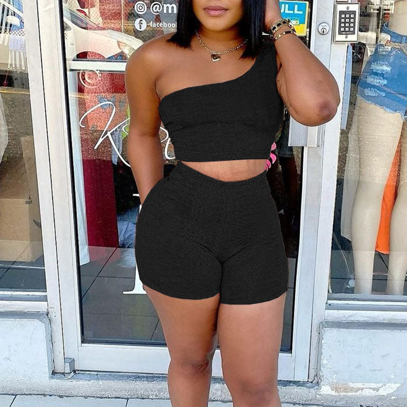 Solid Sleeveless One Shoulder Two Piece Shorts Set