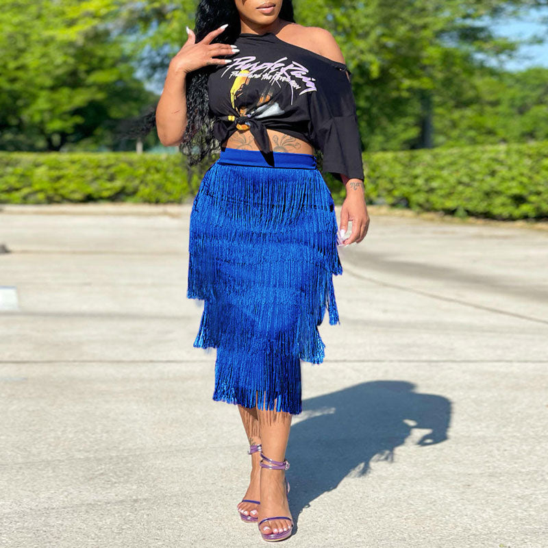 Print One Shoulder Crop Top & Tassel Design Skirt Set