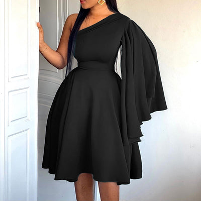 Solid Oblique Shoulder Long Sleeve Pleated Dress