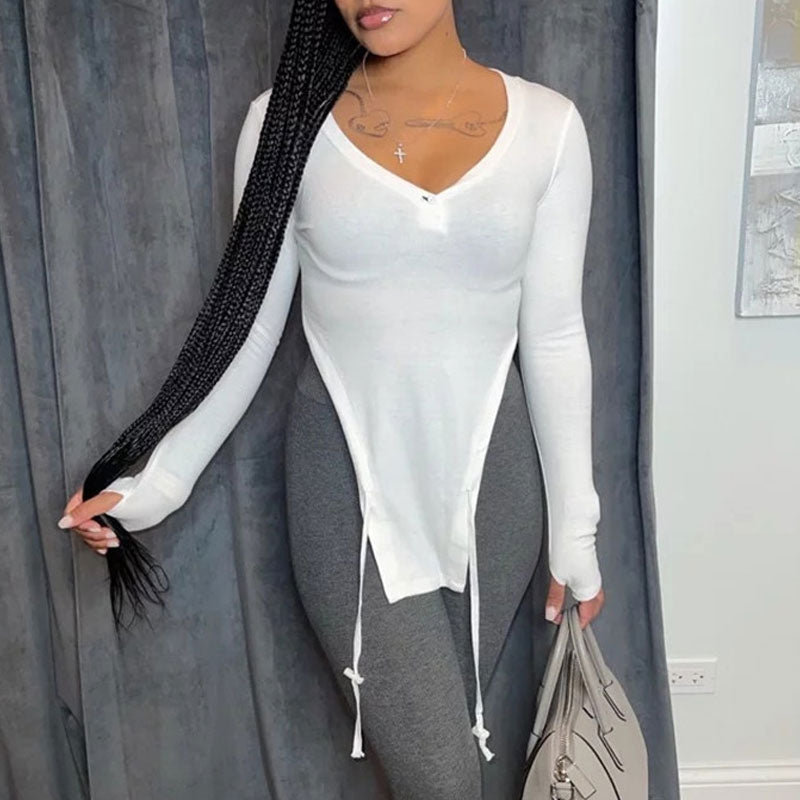 Solid V-Neck Long Sleeve Slit Top