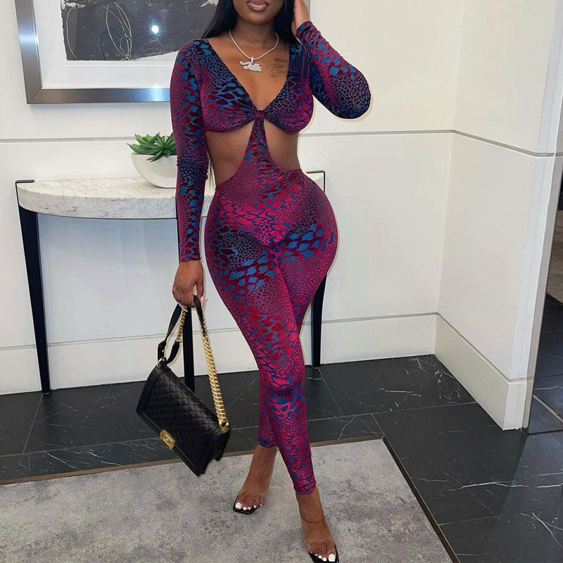 Print V-Neck Long Sleeve Cut Out Skinny Jumpsuit