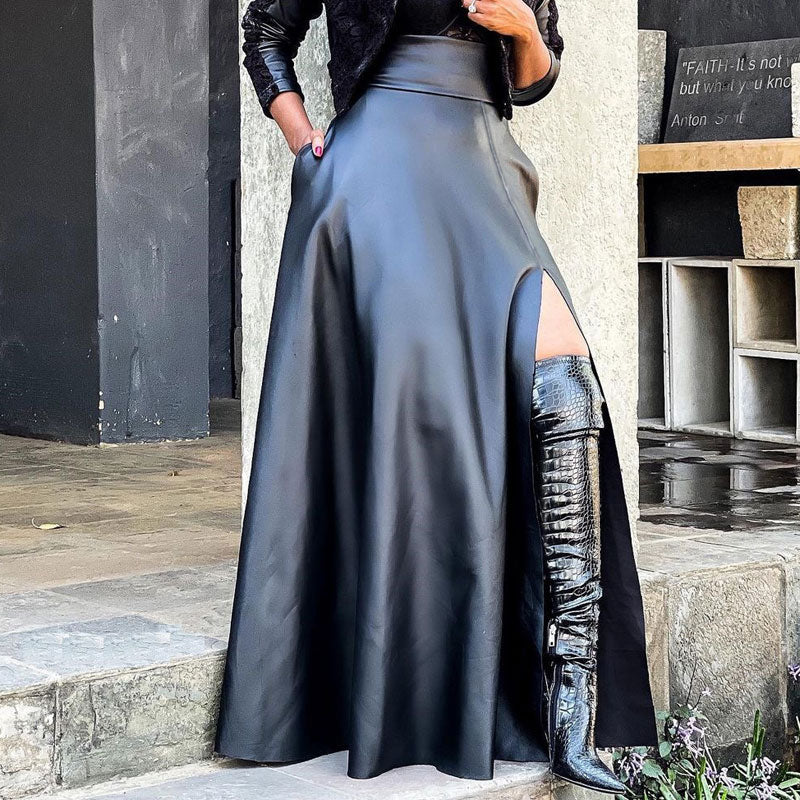 Solid High Waist PU Leather High Slit Skirt