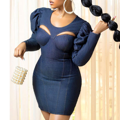 Solid Lantern Sleeve Hollow Out Bodycon Dress