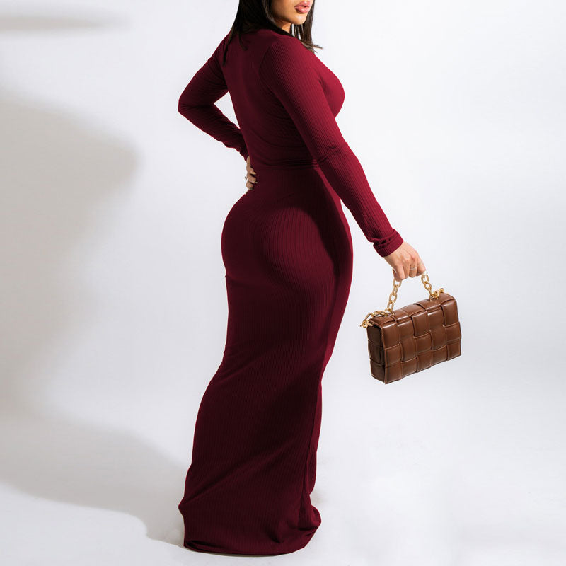 Solid Deep V-Neck Long Sleeve Ribbed Maxi Dress