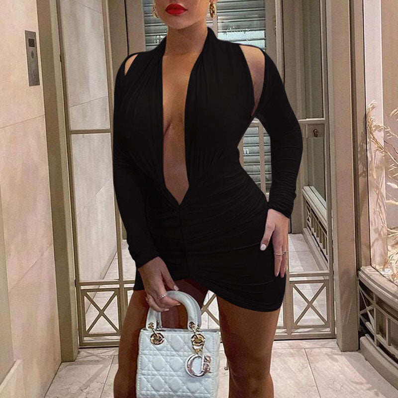 Solid Deep V-Neck Long Sleeve Backless Mini Dress