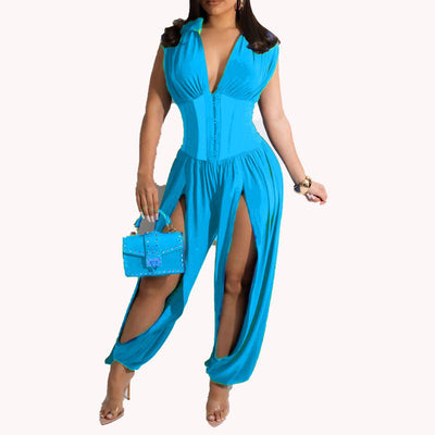 Solid V-Neck Sleeveless High Slit Jumpsuit