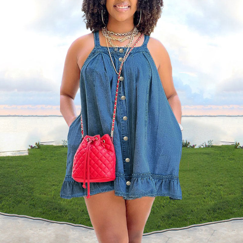 Solid Sleeveless Button Detailed Denim Dress