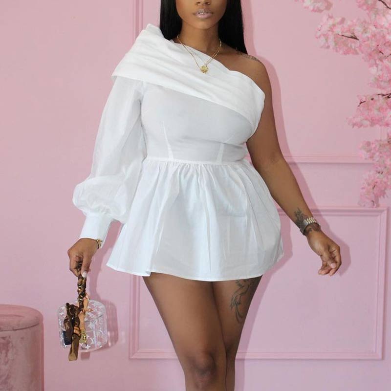 Solid One Shoulder Long Sleeve Mini Dress