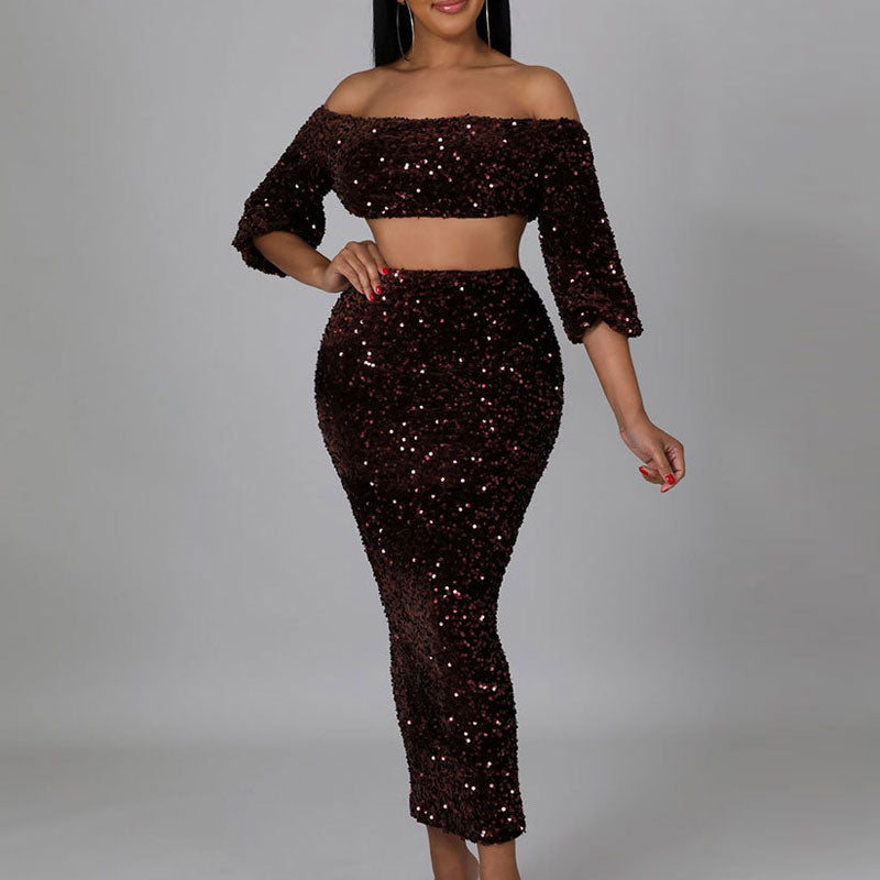 Sequins Off Shoulder Crop Top & Skirt Set