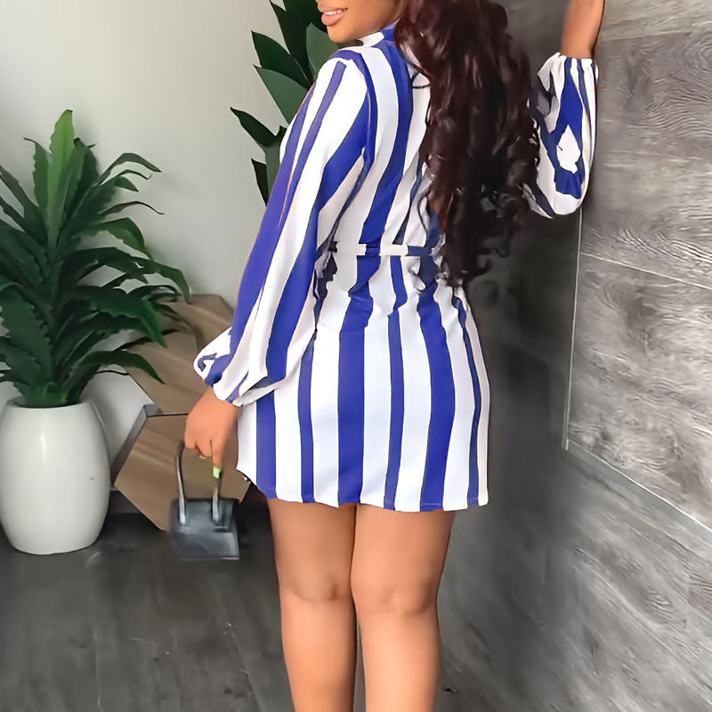 Striped Pattern Long Sleeve Belted Shirt Dress