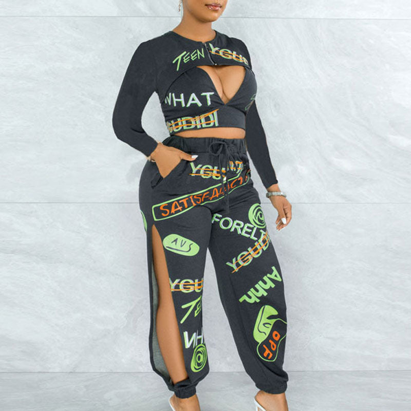 Letter Print Cut Out Slit Three Piece Set