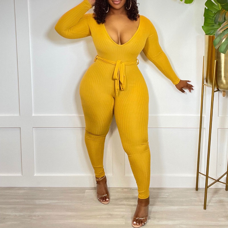 Solid Deep V-Neck Long Sleeve Belted Jumpsuit