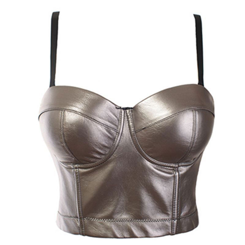 Solid Spaghetti Strap PU Leather Elastic Bralette