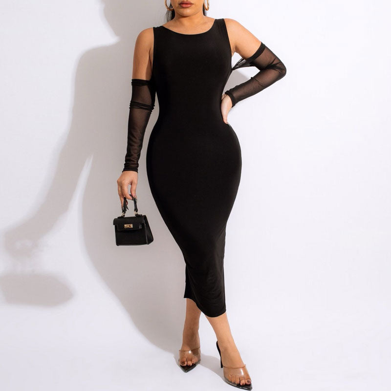 Solid Cold Shoulder Mesh Sleeve Midi Dress