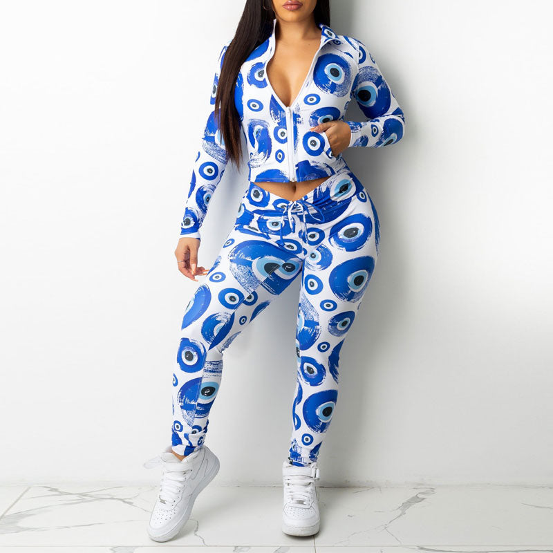 Print Long Sleeve Zipper Design Top & Pants Set