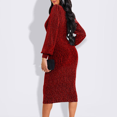 Glitter V-Neck Long Sleeve Midi Dress