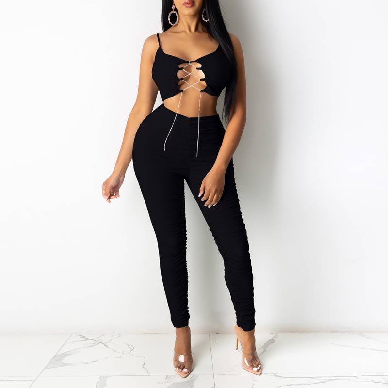 Solid Lace Up Crop Top & Pants Set