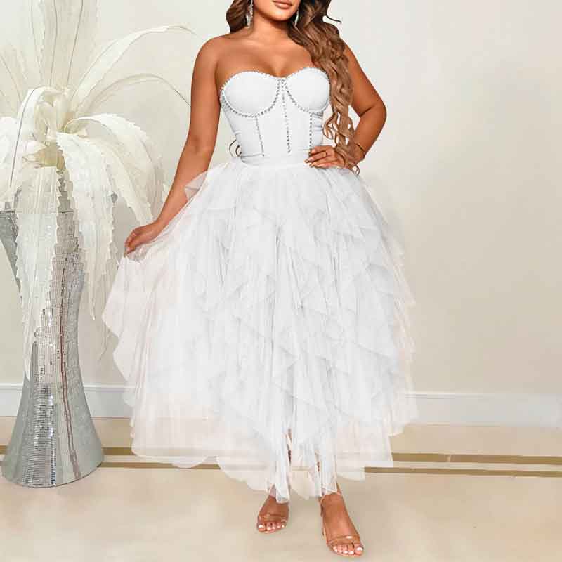 Rhinestone Off Shoulder Sheer Mesh Tulle Dress