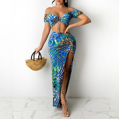 Leaf Pattern Off Shoulder Bandage Crop Top & Skirt Set