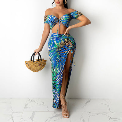 Print Off Shoulder Tube Top & High Slit Skirt Set