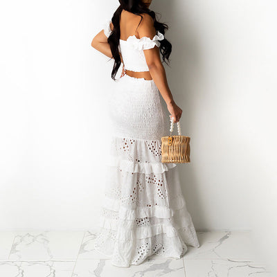 Solid Off Shoulder Tube Top & Hollow Out Skirt Set