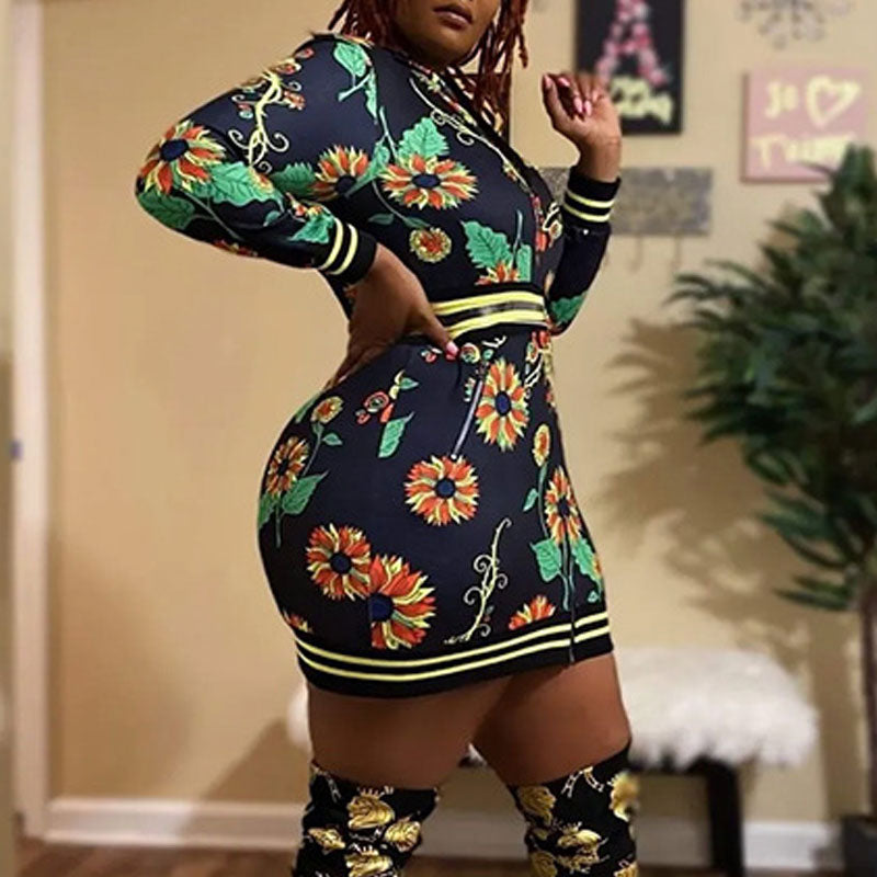 Floral Print Long Sleeve Hoodie Plus Size Dress