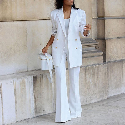 Solid Deep V-Neck Blazer Coat & Wide Leg Pants Set