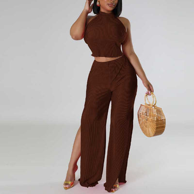 Solid Halter Backless Top & High Slit Pants Set