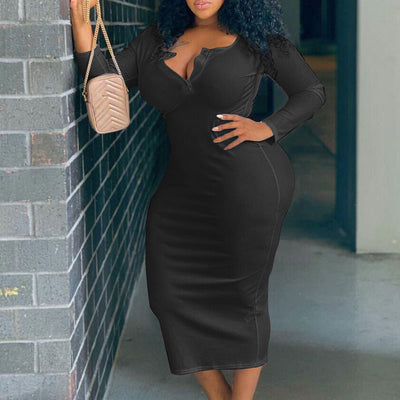 Solid V-Neck Long Sleeve Plus Size Dress