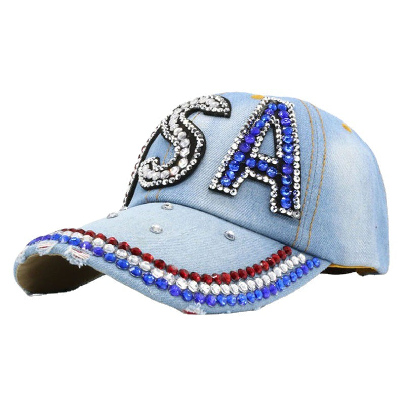 Rhinestone Letter Pattern UV Protection Denim Peaked Cap