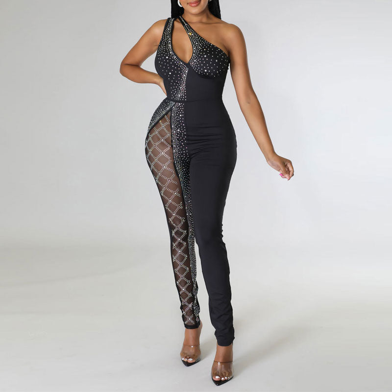 Rhinestone One Shoulder Sleeveless Sheer Mesh Patchwork Jumpsuit