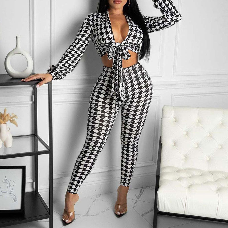 Houndstooth Print Long Sleeve Crop Top & Pants Set