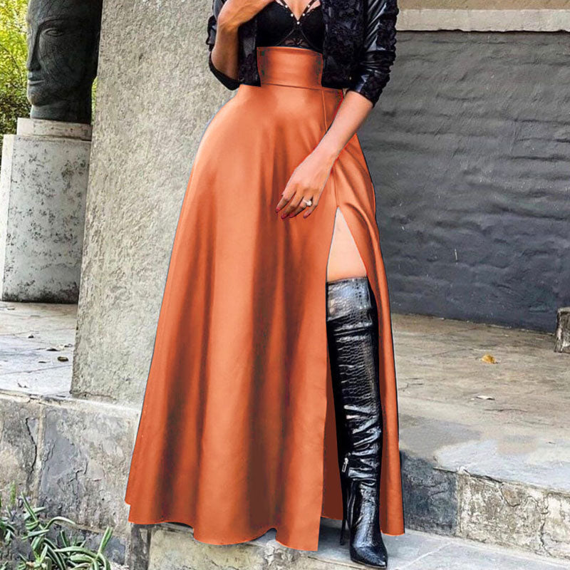 Solid High Waist PU Leather High Slit Skirt