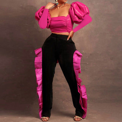 Colorblock Puff Sleeve Crop Top & Ruffles Pants Set