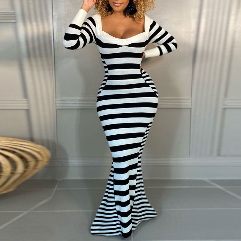 Striped Pattern Long Sleeve Floor-Length Dress