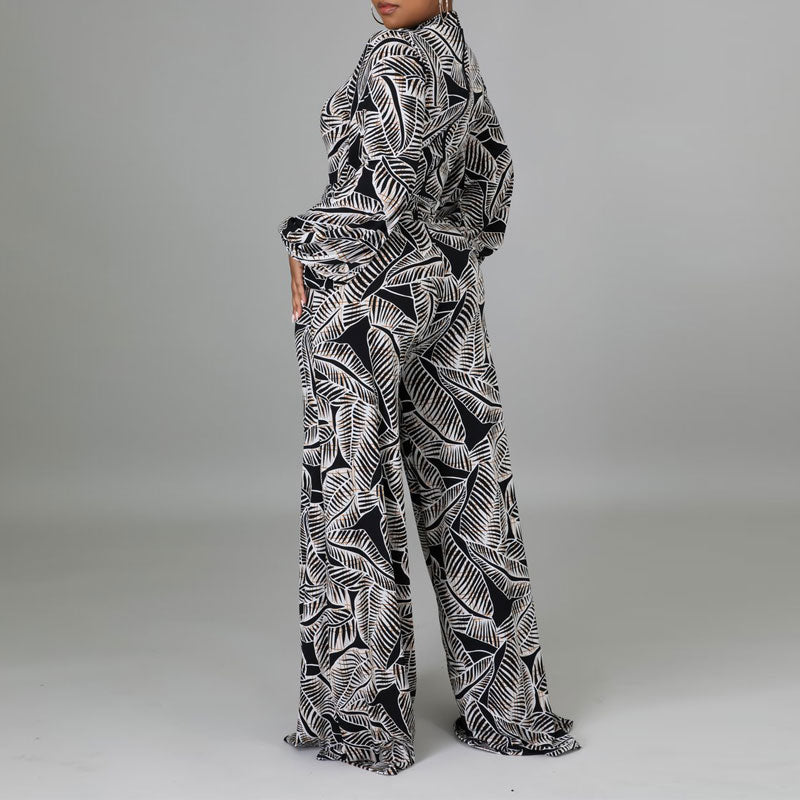 Print Lantern Sleeve Belted Loose Jumpsuit