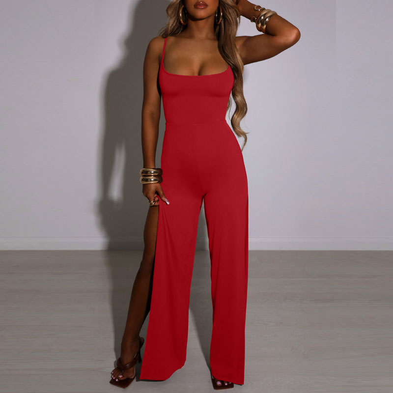 Solid Sleeveless Spaghetti Strap High Slit Jumpsuit