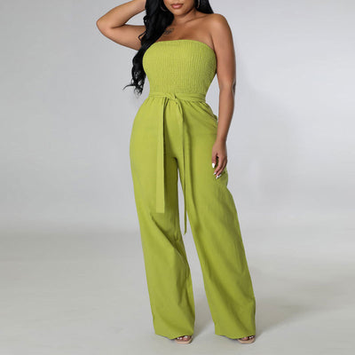 Solid Off Shoulder Belted Wide Leg Jumpsuit