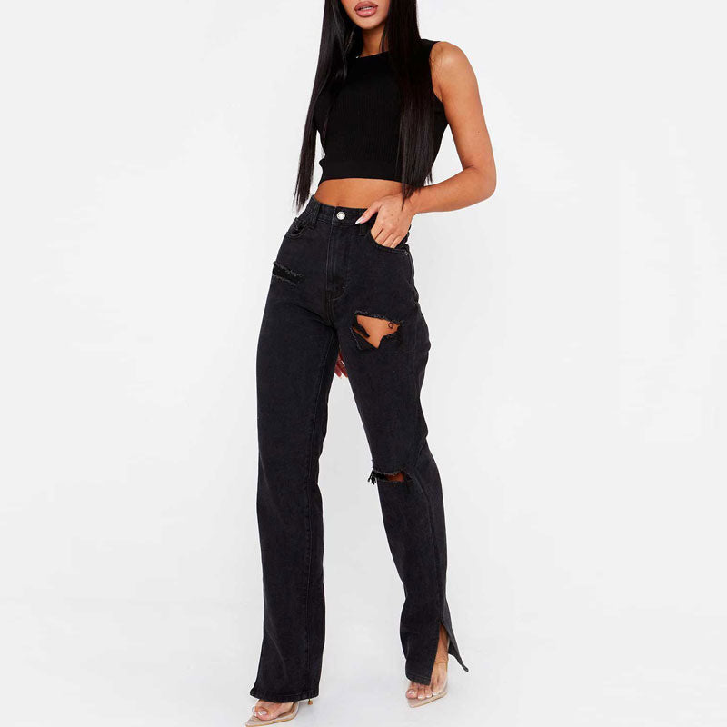 Solid High Waist Cut Out Denim Pants