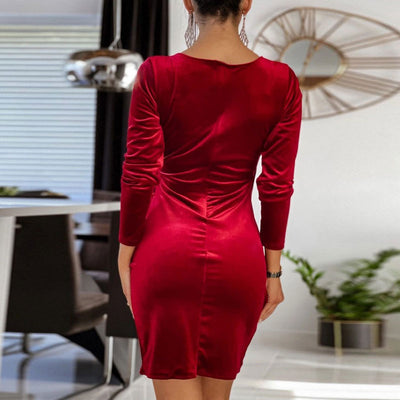 Velvet Deep V-Neck Long Sleeve Ruched Bodycon Dress