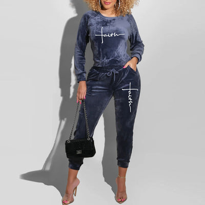 Letter Print Long Sleeve Velvet Top & Pants Set