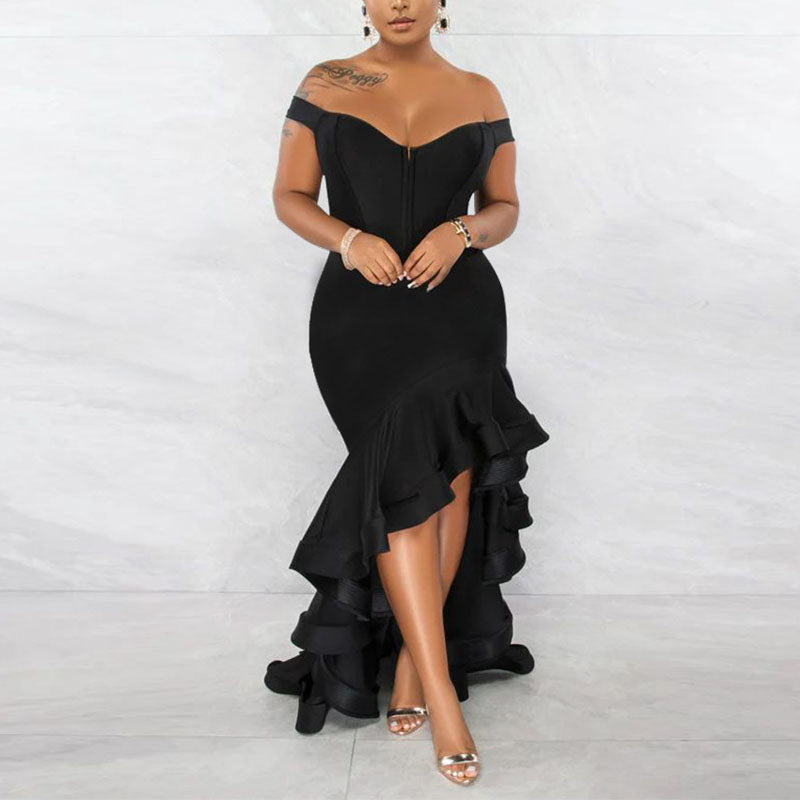 Solid Off Shoulder Ruffle Design Mermaid Maxi Dress