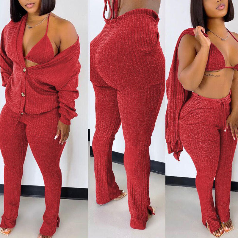 Solid Long Sleeve Button Detailed 3PCS Pants Set