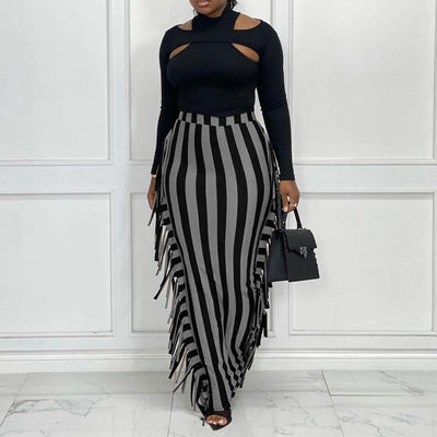 Striped Pattern High Waist Tassel Design Skirt