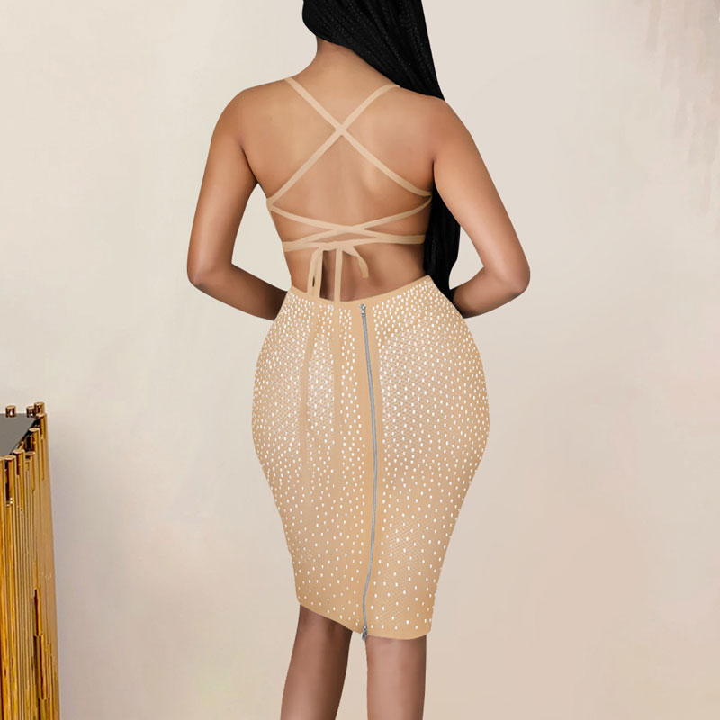 Rhinestone Sleeveless Sheer Mesh Bandage Bodycon Dress