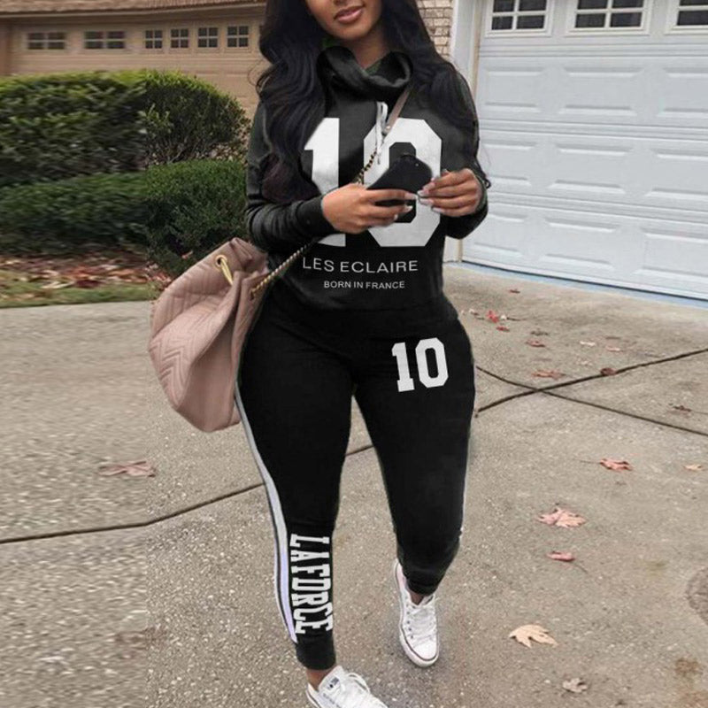 Letter Print Long Sleeve Hoodie Top & Pants Set