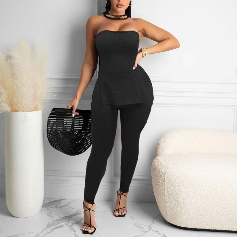 Solid Off Shoulder Slit Top & Pants Set